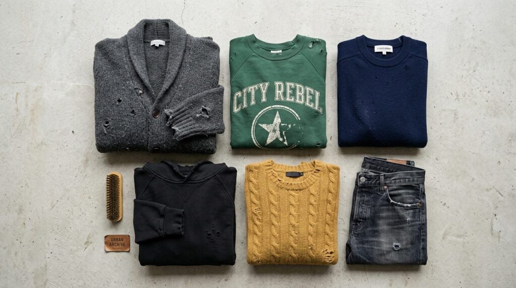 Flat lay overhead shot of folded urban streetwear clothing c