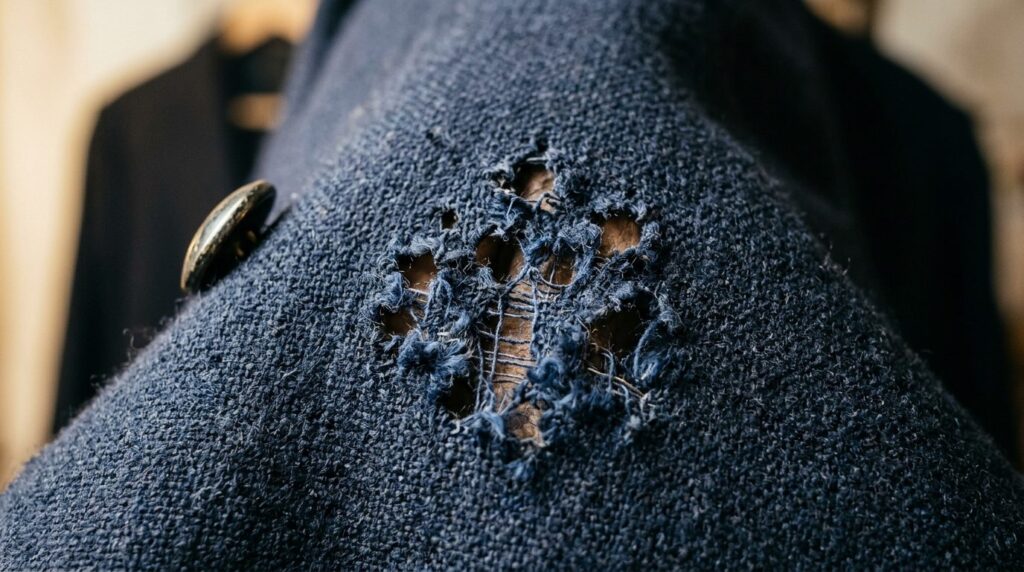 Close-up detail shot of premium wool blazer fabric with clus