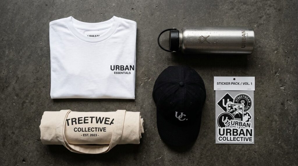 Flat lay composition of essential streetwear merchandise on