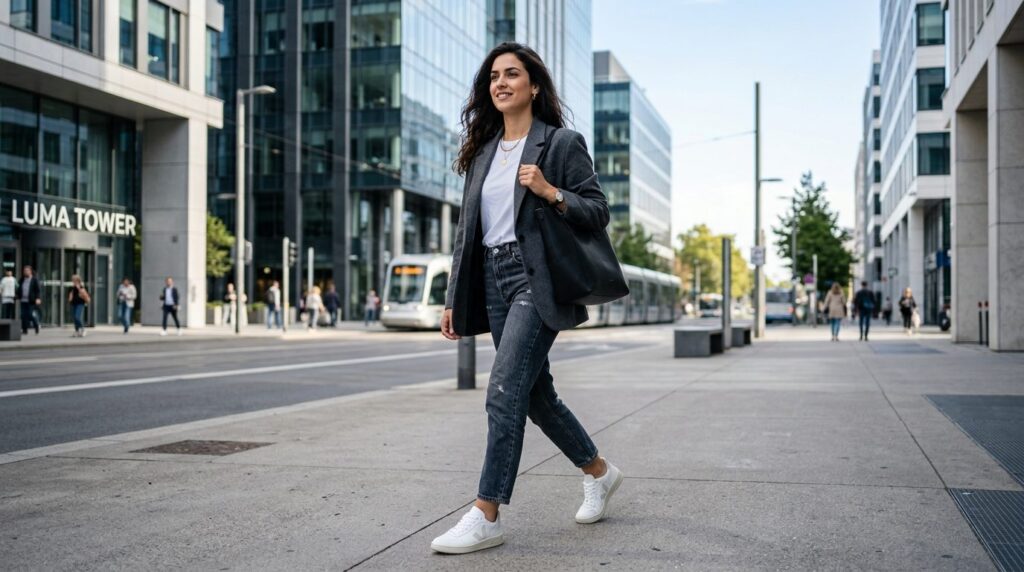 Urban street style photograph of a fashionable woman walking