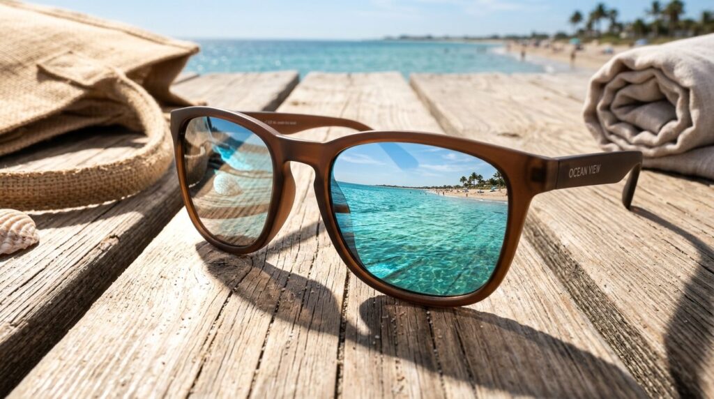 Close-up detail shot of polarized sunglasses lens showing an