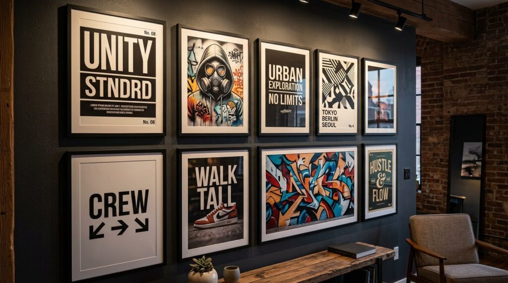 Close-up detail of high-quality curated poster gallery wall
