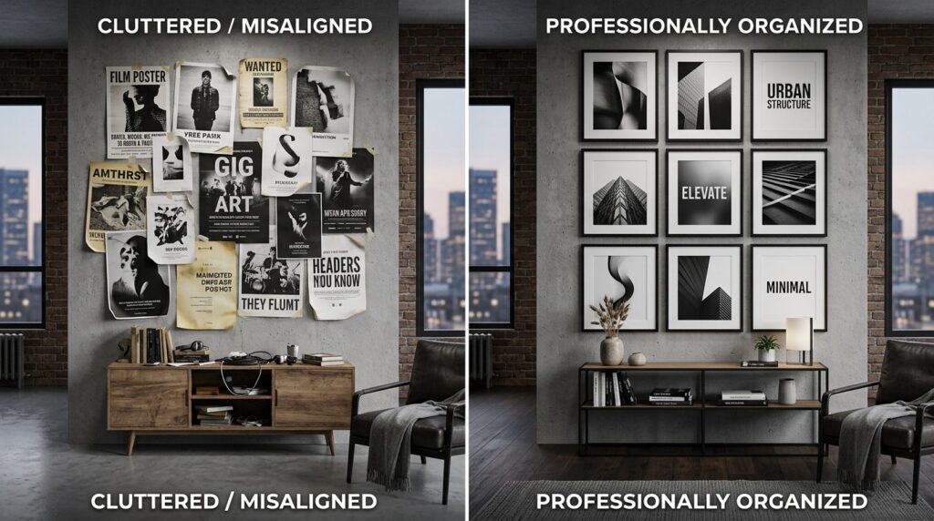 Side-by-side comparison living room scenes: left side shows