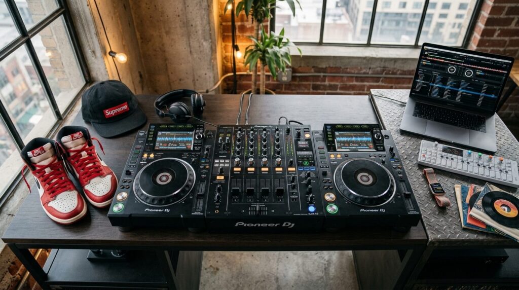 Close-up overhead shot of professional DJ mixer with premium