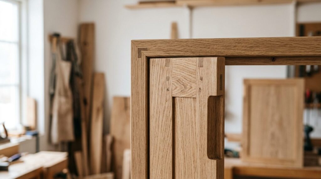 Close-up detail shot of hand-finished wooden kitchen cabinet