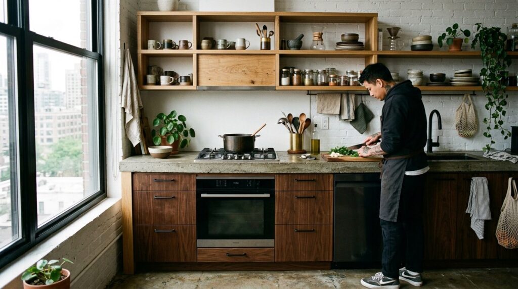 Urban kitchen workspace featuring custom bespoke wooden cabi