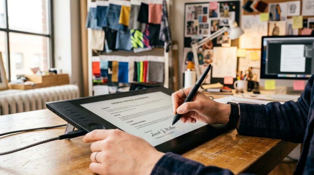 Close-up photograph of a designers hands using a digital pe