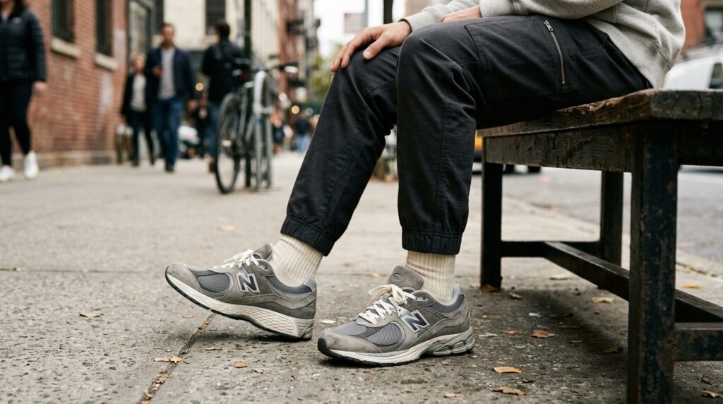 Close-up lifestyle shot of New Balance 2002R sneakers styled