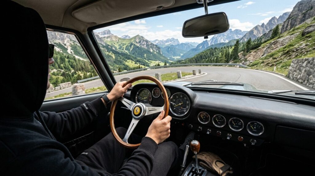 Photorealistic 16:9 overhead dashboard view inside a classic