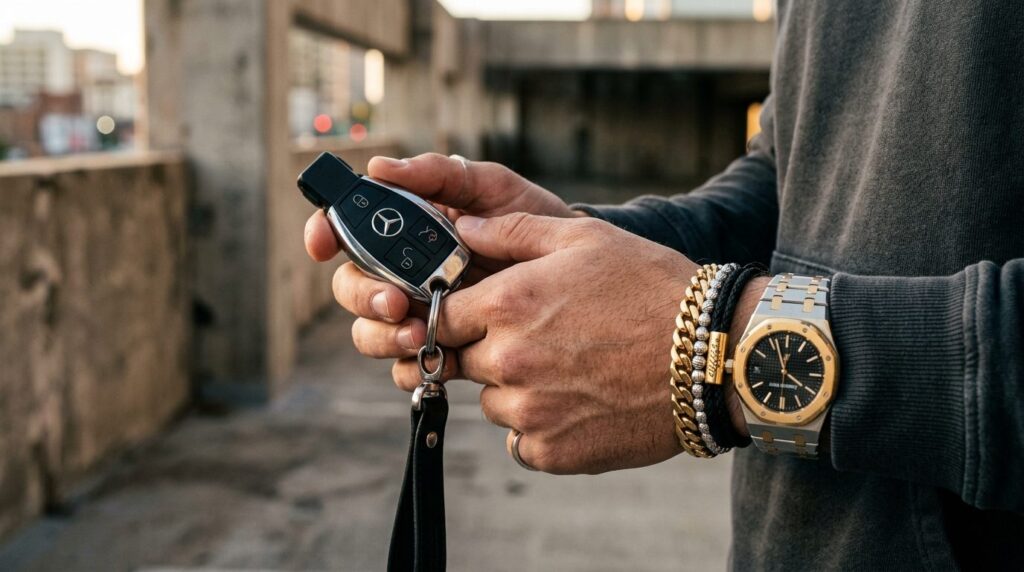 Close-up photorealistic shot of hands holding luxury car key