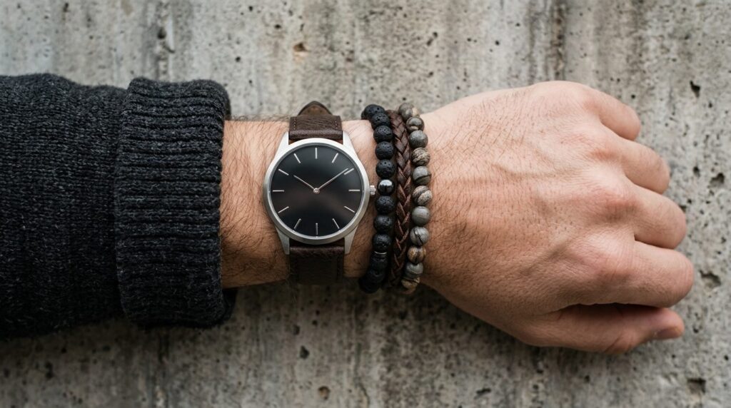 Mandlig håndled med minimalistisk armbånd og ur tæt på.