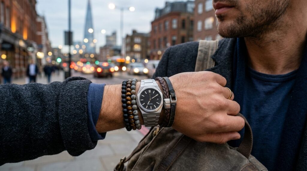 Mands håndled med stålurur og armbånd i urbant look.