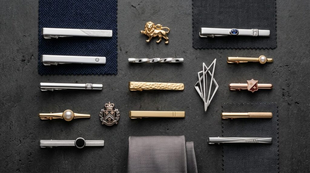 Flat lay fashion photography, 16:9 format, luxury tie pins a