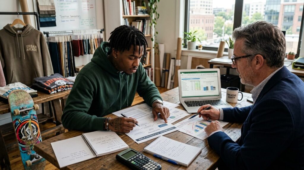 Photorealistic close-up of streetwear brand owner analyzing