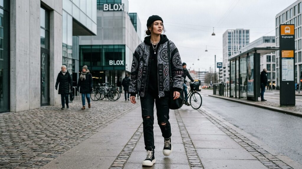 Street style editorial photograph of model wearing premium s