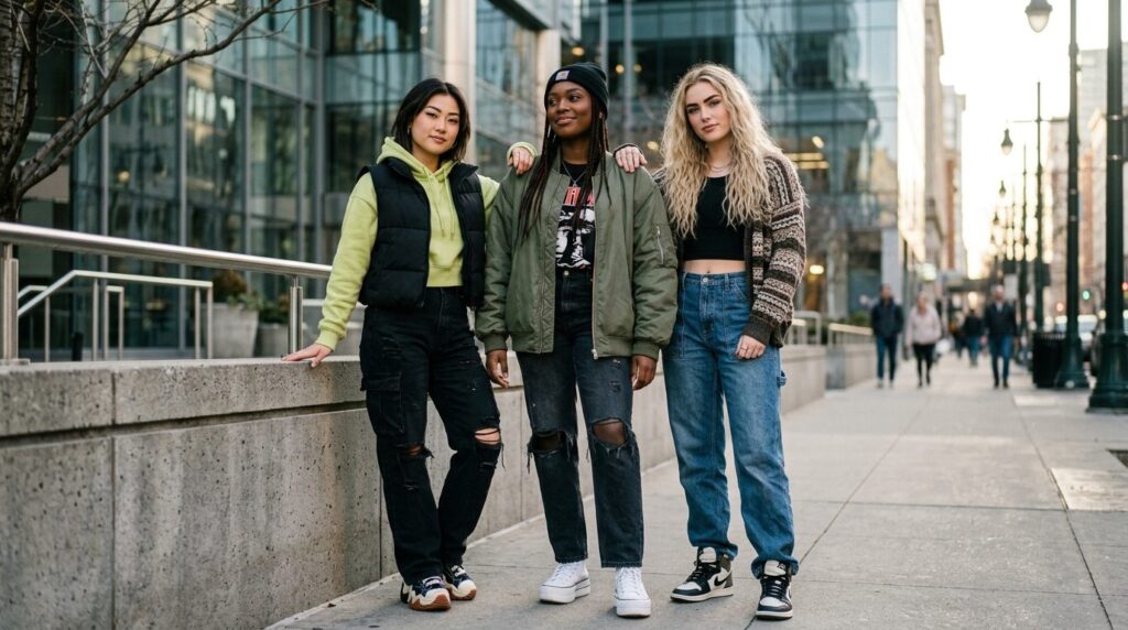 Diverse group of three stylish young women with permanent ma
