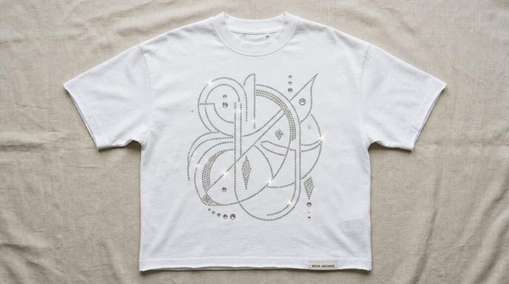 Close-up product photography of a white oversized t-shirt wi