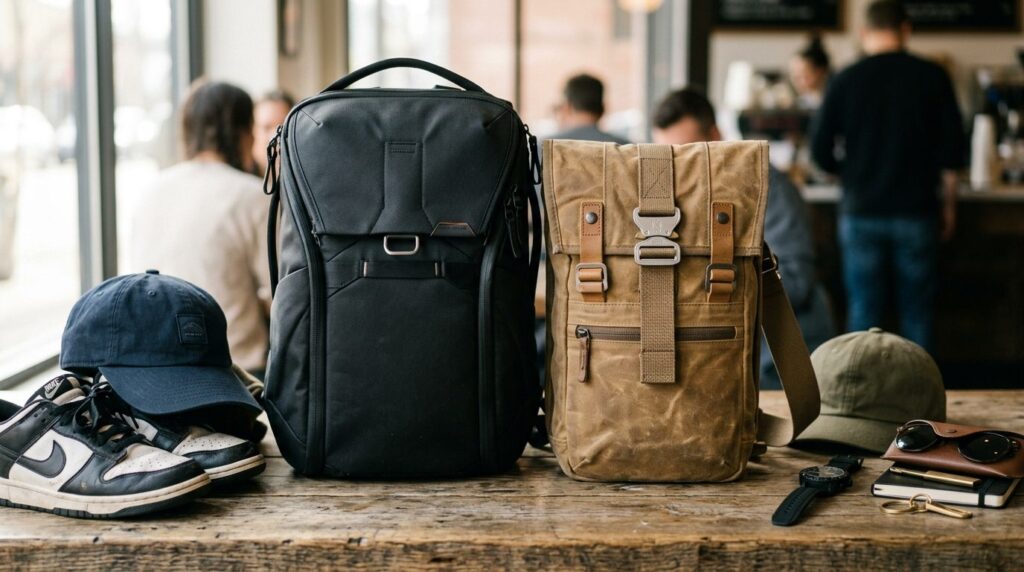 Detaljeshot af rygsæk og sling bag placeret på en tekstureret overflade med naturligt lys.