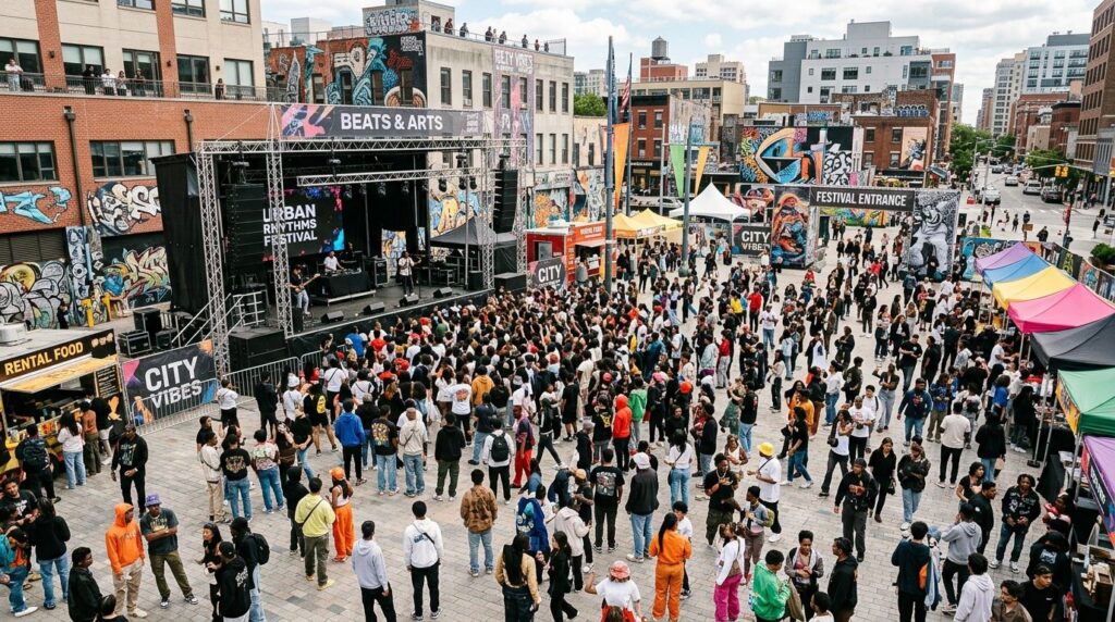 Overhead wide-angle view of bustling street festival gatheri