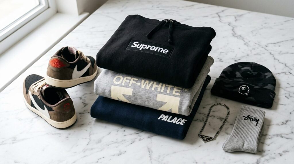 Tæt billeddetail af designer-streetwear-beklædning udstillet tæt på.