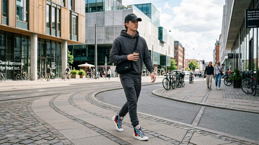 Ung person i stilfult streetwear-tøj på en bystræde.