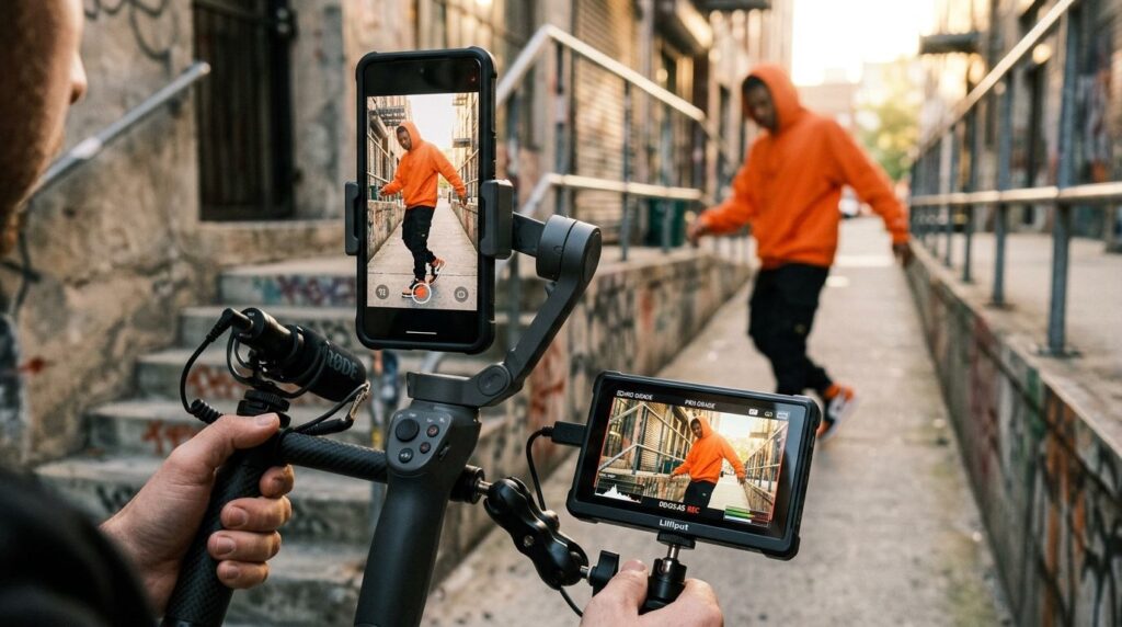 Smartphone fastgjort på professionel gimbal til stabiliseret videooptagelse.