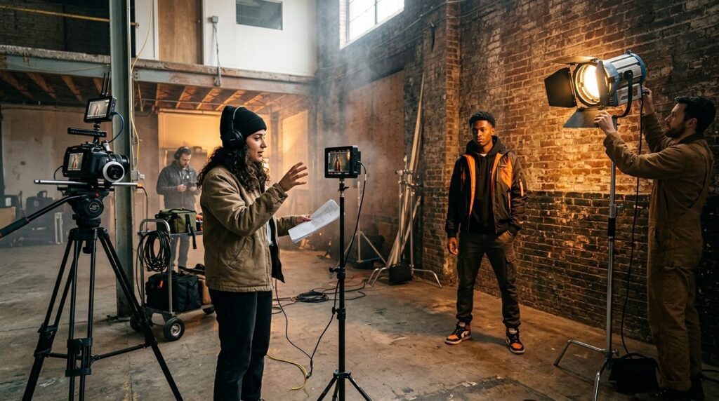 Uafhængig filmskaber instruerer en streetwear-kommerciel på set.