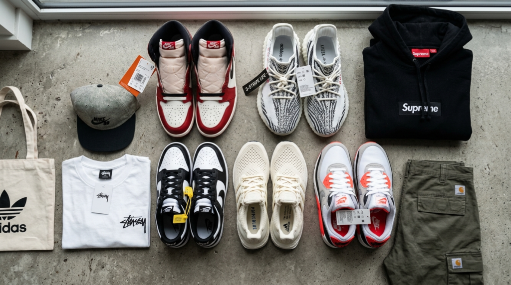 Flat lay photorealistic image of organized streetwear collec