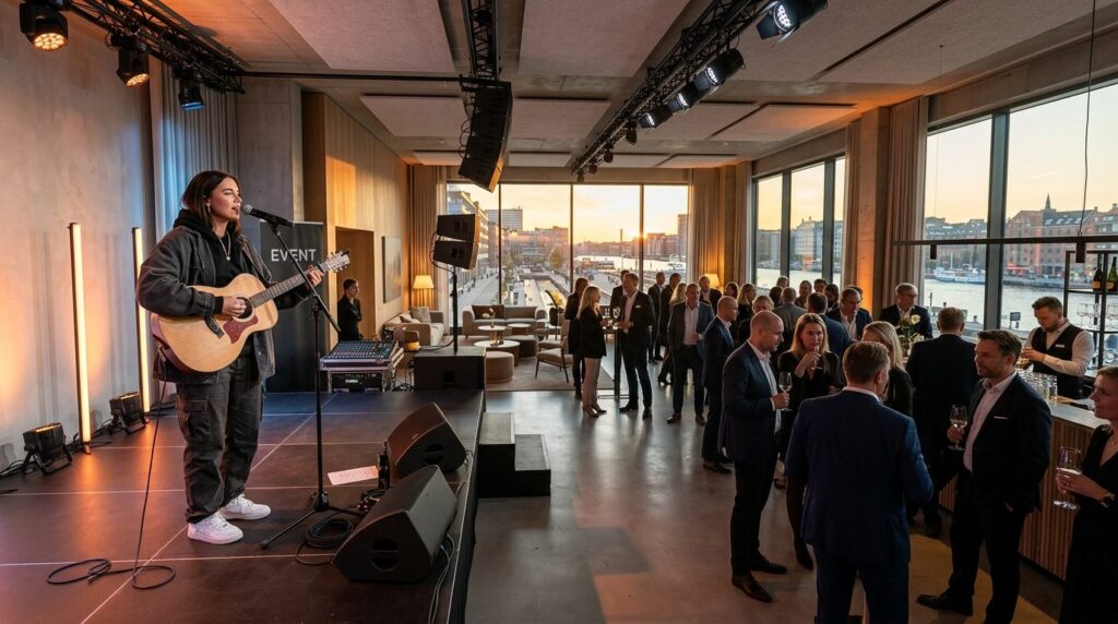 Wide angle professional photograph of live solo artist perfo