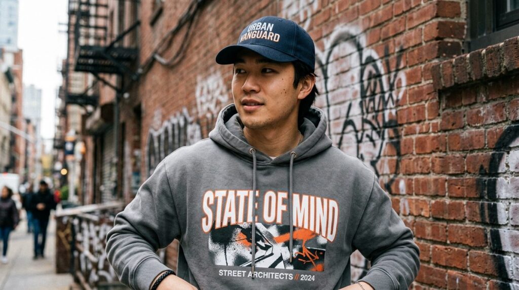 Close-up lifestyle shot of a young person wearing a custom-p