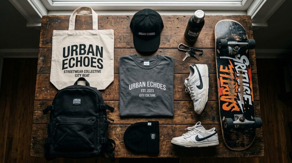 Flat lay composition of branded merchandise collection: embr