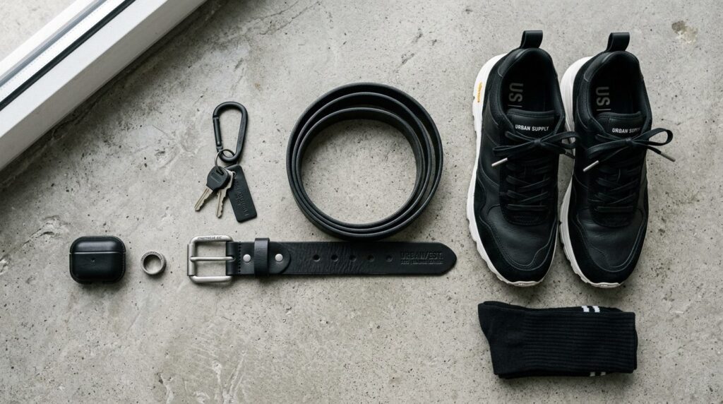 Samlet arrangement af matchende bælte og sko i streetwear-stil set fra oven.