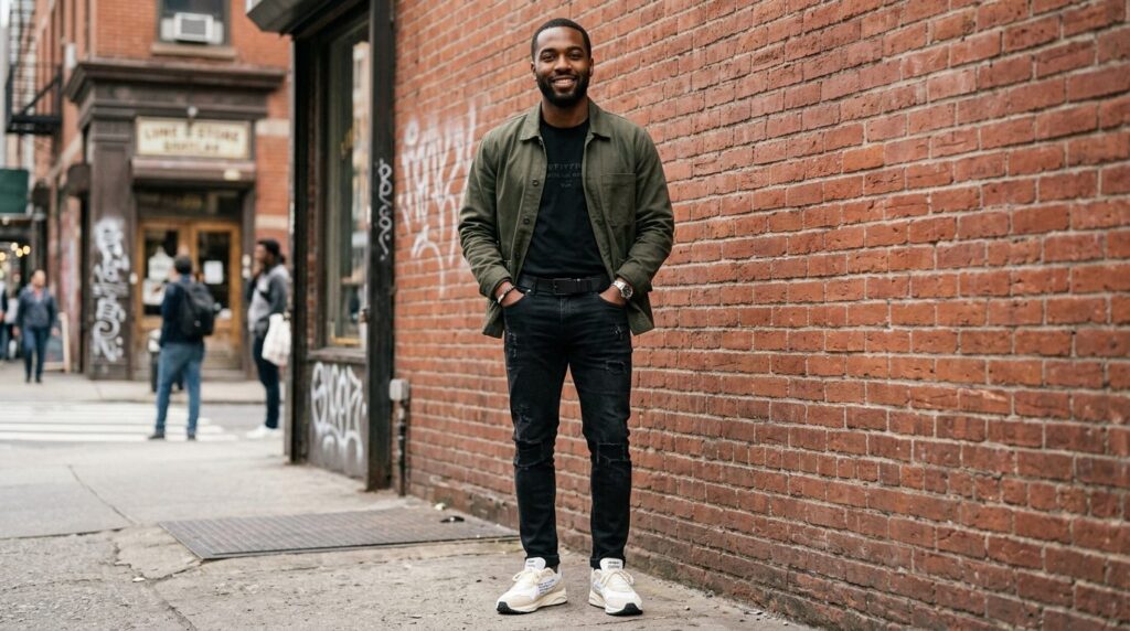 Mand i afslappet streetwear-tøj står selvsikkert på gaden.
