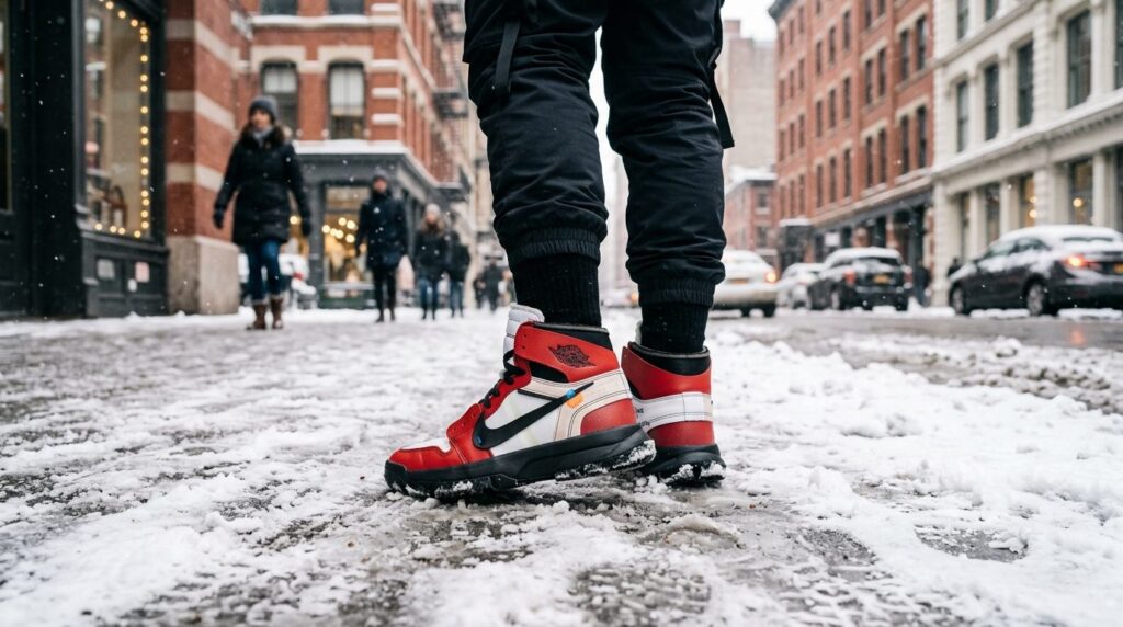 Urban lifestyle scene of a streetwear enthusiasts feet in b