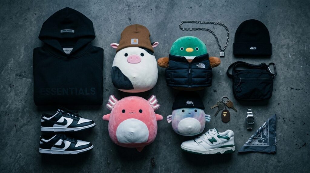 Flat lay product photography of Squishmallow characters styl