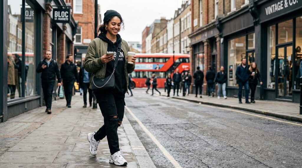 Candid street style photograph of a young urban fashion enth
